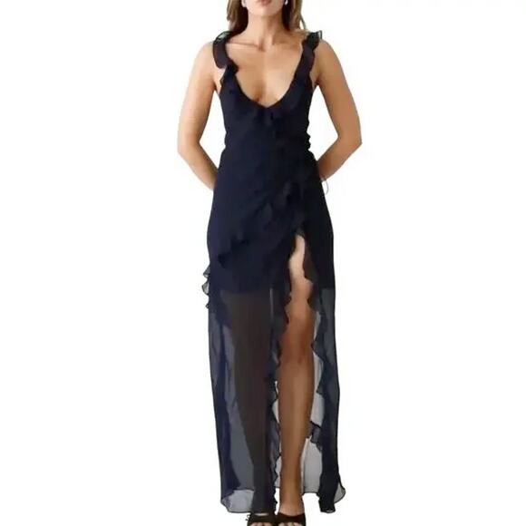 Rumored Dresses & Skirts - Rumored Navy Blue Ruffle Evening Maxi Dress Large Just‎ Like Heaven Cocktail
